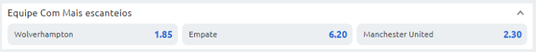 Exemplo de aposta em equipes com mais escanteios na modalidade de aposta comparativas de escanteio.